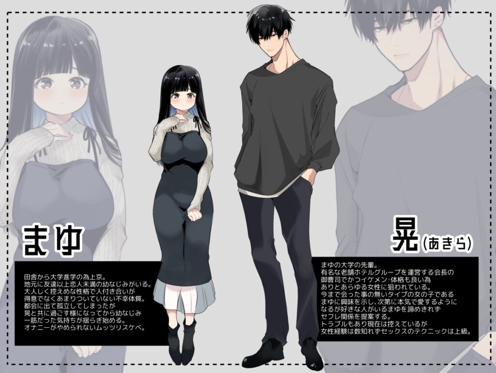 まゆちゃんNTR~大学進学の為上京した彼女が御曹司に捕まり溺愛されてしまった…~ 登場人物 まゆ・晃(あきら) キャラクタービジュアル